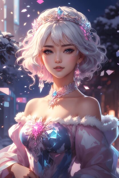 Korean Elegance in Pink Frosty Crown and Winter Dress