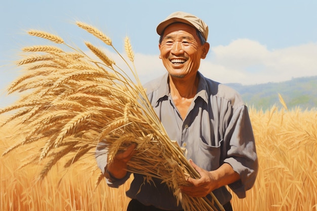 a korean farmer happily collects golden wheat ears in the field