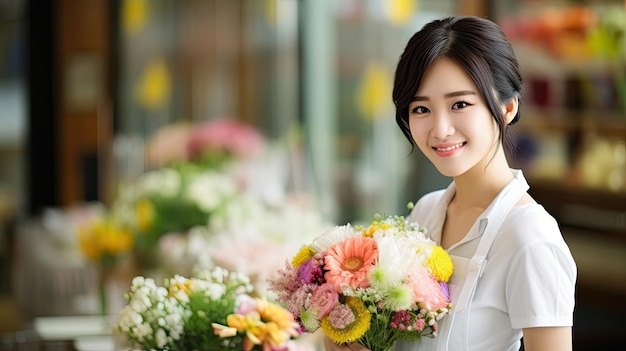 손 에 아름다운 꽃줄 을 들고 있는 짧은 검은 머리 를 가진 한국 여성 꽃 판매자