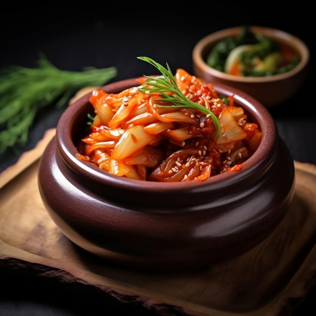 Korean fermented cabbage in a glass jar on a dark background