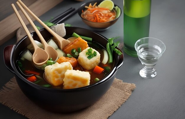 Korean fish cake and vegetable soup on table