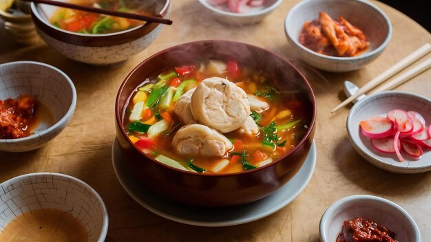 朝鮮の魚ケーキと野菜スープがテーブルに