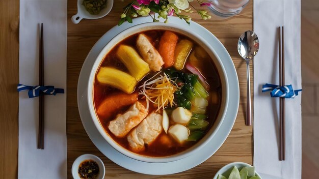 Photo korean fish cake and vegetable soup on table