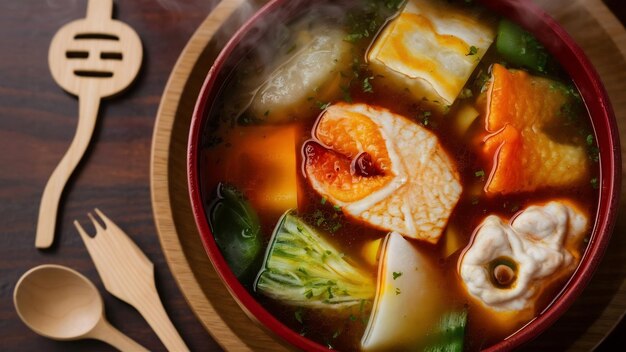 Photo korean fish cake and vegetable soup on table