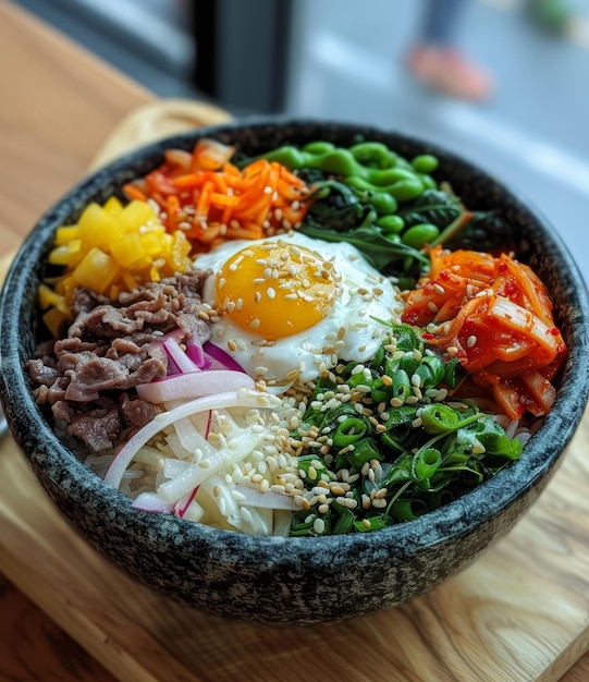 Foto cibo coreano bibimbap con carne di manzo e uova