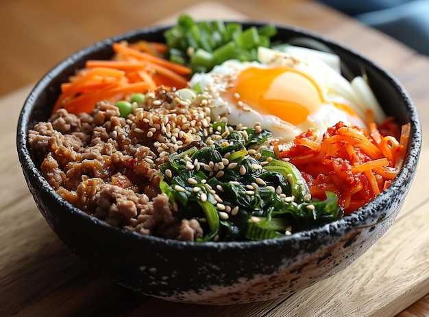 Photo korean food bibimbap with egg carrot meat and spinach