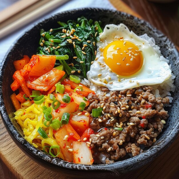 Photo korean food bibimbap with kimchi spinach and egg