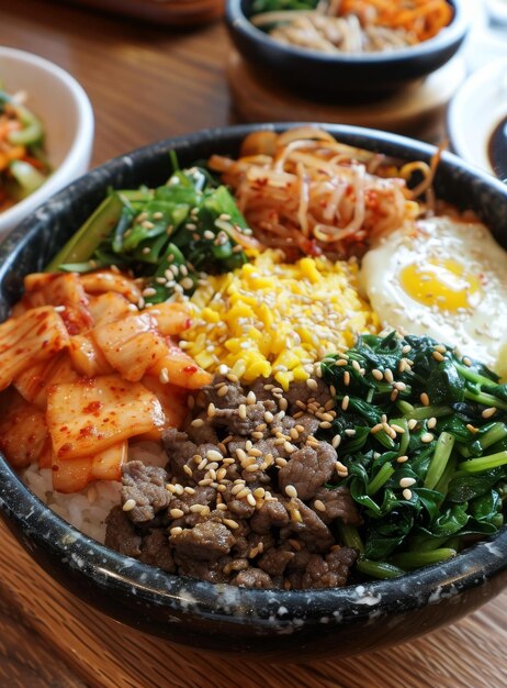 Photo korean food bibimbap with rice beef egg spinach and kimchi