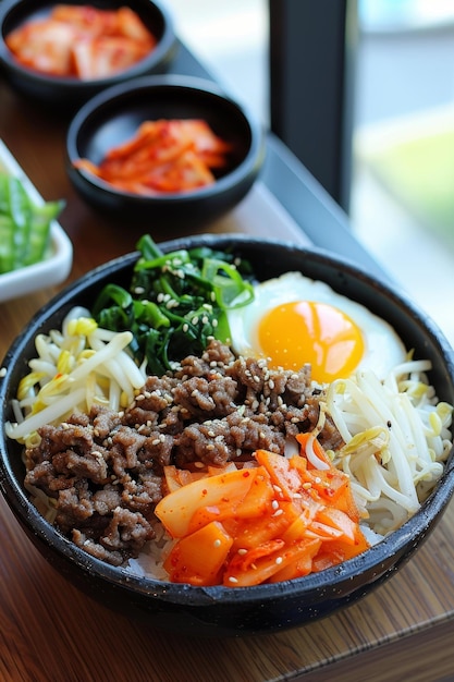 Foto korean food dolsot bibimbap with kimchi and egg
