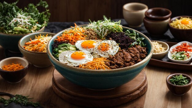 korean food menu capture the vibrant colors and textures of a beautifully arranged Bibimbap