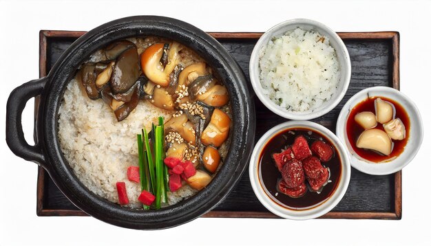 Photo korean food oyster hot stone pot rice with mushroom jujube sliced radish and soy sauce isolated on w