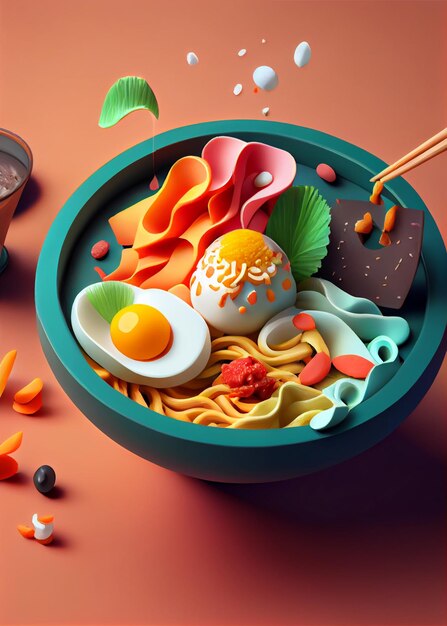 Korean food ramen in bowl on beige Soft Pop AI Generated