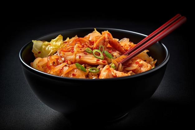 Foto kimchi piccante cibo coreano in una ciotola con le bacchette