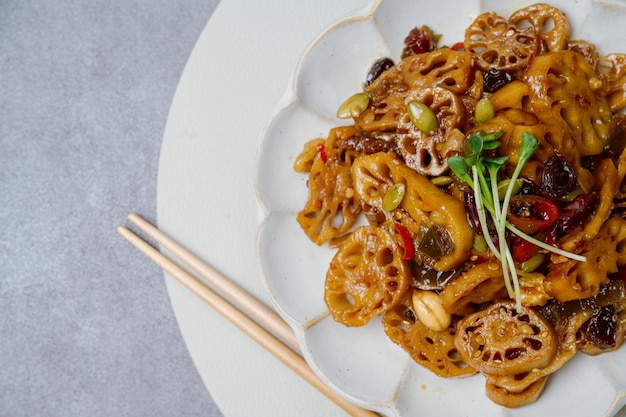 korean food yeongeunjorim Braised Lotus Roots Yeongeun lotus root parboiled and braised in a mixture of soy sauce and sugar over lower heat Add syrup and braise to a glaze before serving