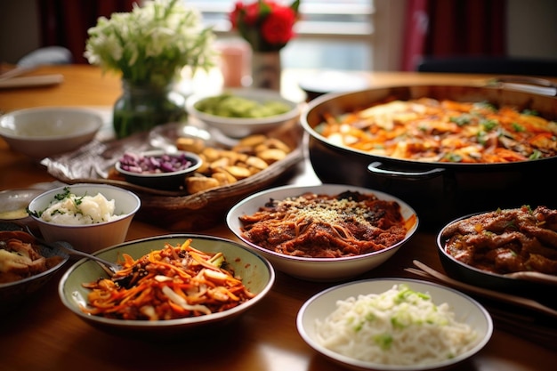 식탁에 제공되는 한국 음식은 사진 일러스트레이션 기사 또는 요리 내용물에 완벽합니다.