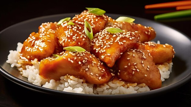 Photo korean fried chicken with rice and sesame seeds on a black background ai generative