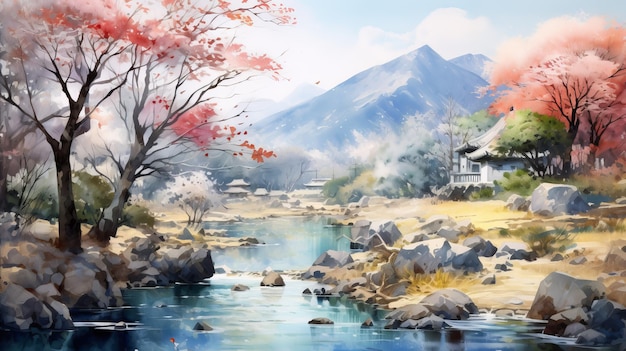 Photo korean garden scenic waterfall uhd watercolor illustration wallpaper