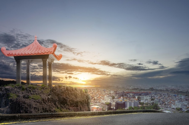 Korean gazebo building on the park with cityscapes