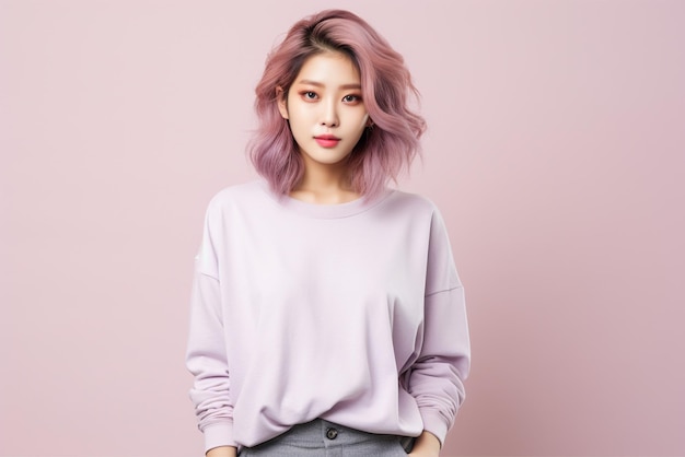 A korean girl has a nice hairstyle wearing trendy high quality clothing fashion