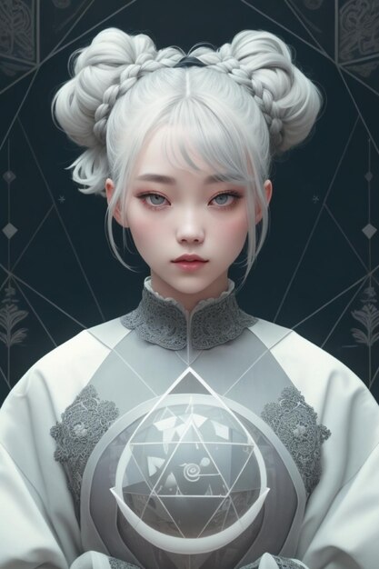 Korean Gothic Student Girl's Twin Buns Amidst a Grey Dreamscape