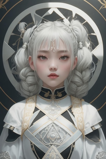 Korean Gothic Student's Regal Portrait White Pigtails