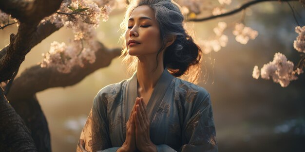 Foto una donna coreana dai capelli grigi in postura di preghiera davanti a un albero di ciliegio in fiore