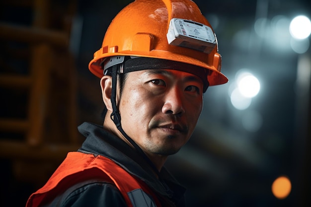 a korean industrial worker wearing a safety vest and hard hat collaborates on a project