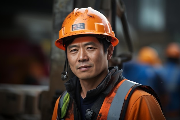 a korean industrial worker wearing a safety vest and hard hat collaborates on a project