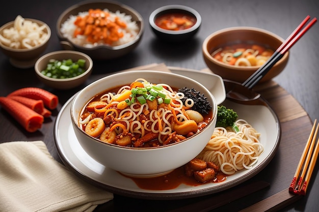 Korean instant delicious noodle and tteokbokki in korean spicy sauce ancient food