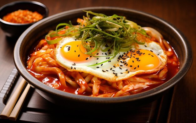 사진 한국 인스턴트 누들과 한국 향신료 소스의 tteokbokki