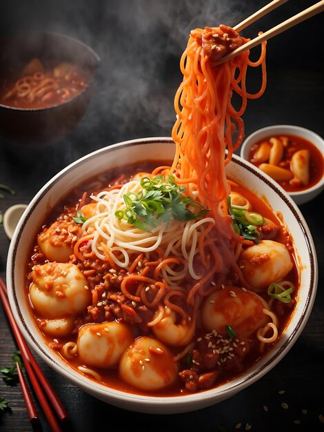 Korean instant noodle and tteokbokki in korean spicy sauce ancient food