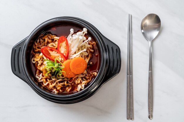 korean instant noodles in black bowl