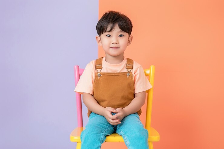 파스텔색 배경 에 고립 된 의자 에 앉아 있는 한국 어린이 소년