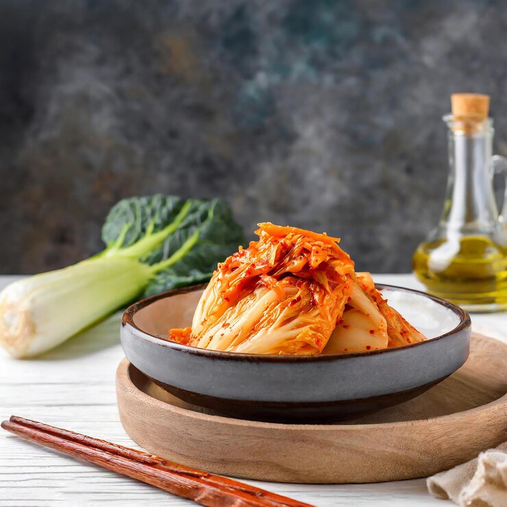 Photo korean kimchi korean traditional cabbage kimchi on a white plate white background closeup