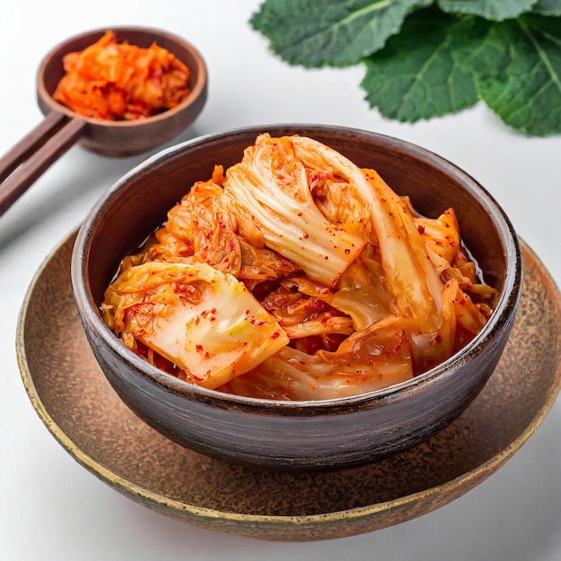 Korean kimchi Korean traditional cabbage kimchi on a white plate White background closeup