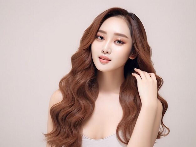 Korean Makeup Beauty Young Asian Woman with Curly Long Hair