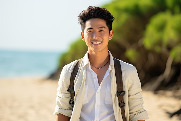 Korean Man on the beach smiling full