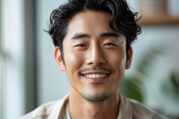 Photo korean man smiling and looking at camera on gray background