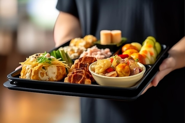 Korean meal service by stainless food tray and condiments ai generated