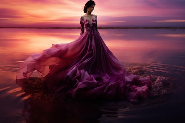 Korean model standing waist deep in still pond hanae mori flowing gown firefly trails sunset skie