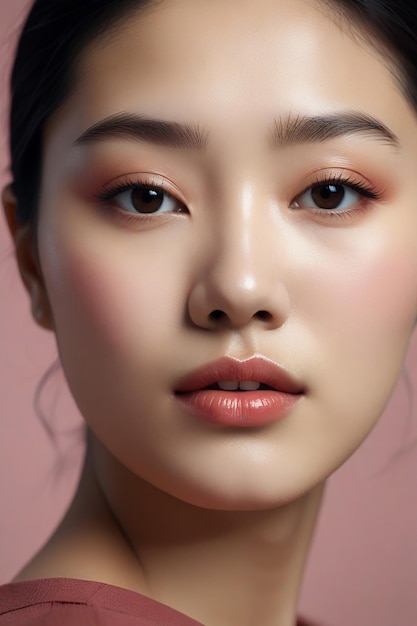 사진 핑크색 입술과 핑크 색 입술을 가진 완벽한 한국 모델
