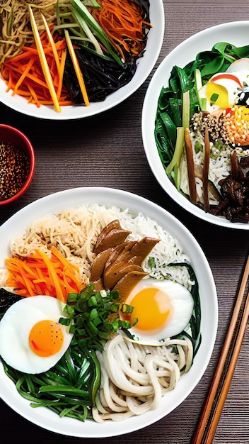 Photo korean national dish bibimbap rice with vegetables and meat