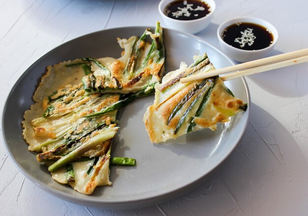 Korean pancakes with green onion and soy sauce