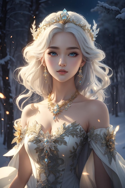 한국 공주의 겨울 우아함 금발 머리와 메탈릭 드레스