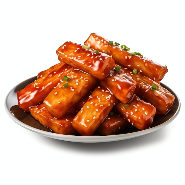 a Korean rice cake sticks in spicy sauce studio light isolated on white background