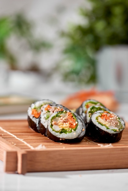 Korean roll Gimbap(kimbob) made from steamed white rice (bap) and various other ingredients