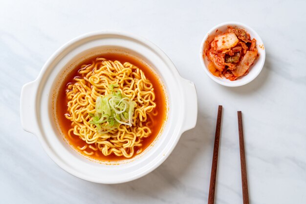 korean spicy instant noodles with kimchi