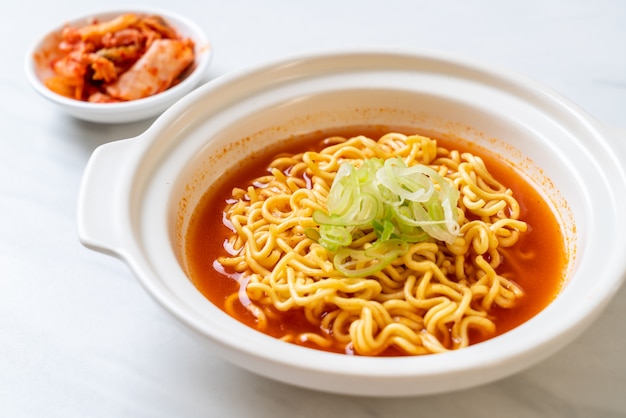 korean spicy instant noodles with kimchi