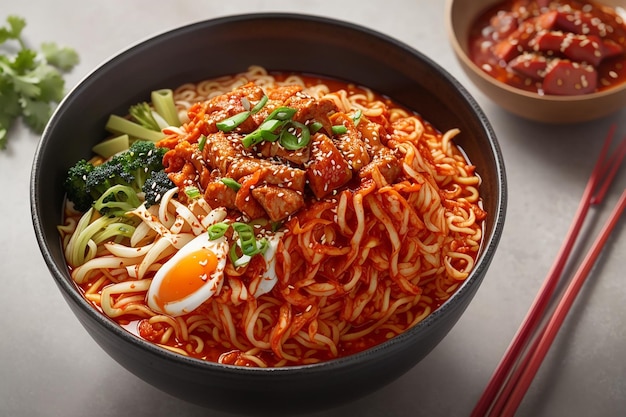 Foto spicy instant noodles coreani con kimchi