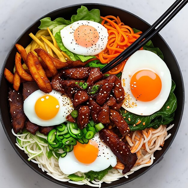 A korean spicy salad with rice and fried egg generated by ai